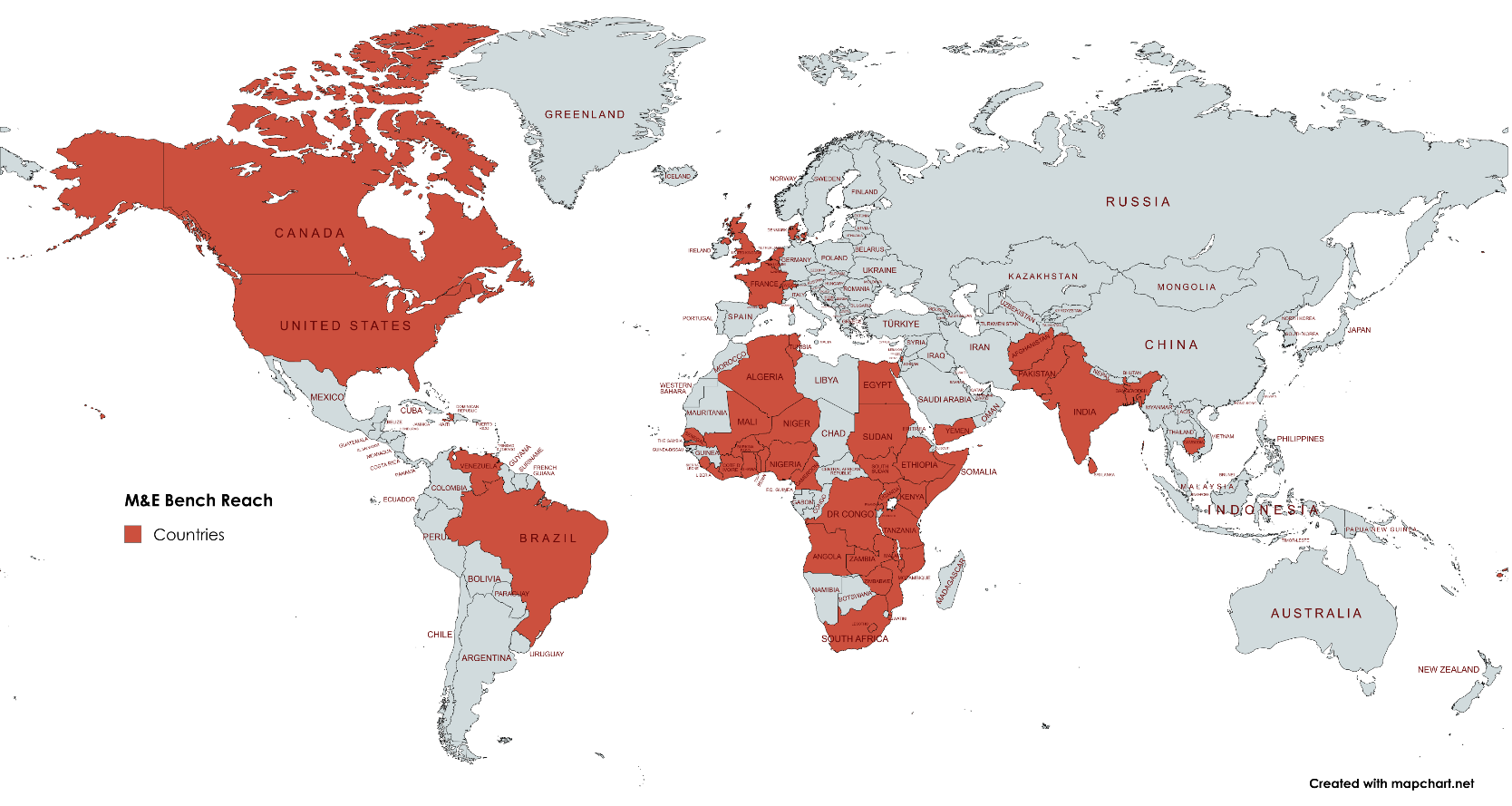 Map showing the M&E Bench reach across 55+ countries